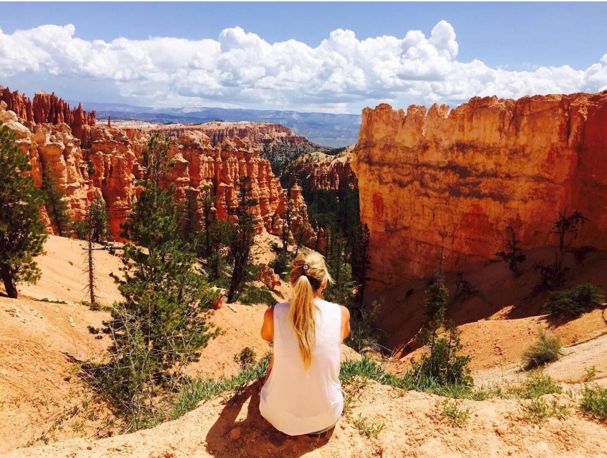 A view of a person sitting on a rocky ledge overlooking a vast canyon landscape. The scene includes towering red rock formations and a clear blue sky dotted with fluffy white clouds, surrounded by dense green trees and shrubs.