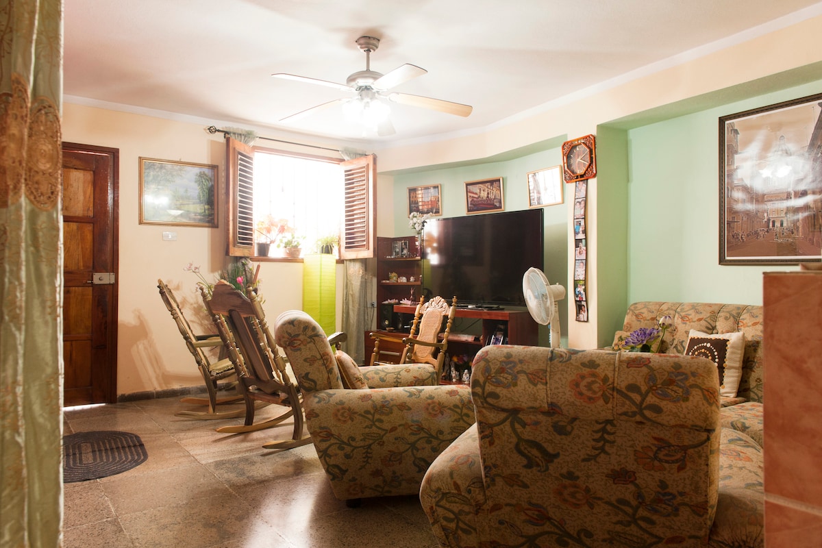 A comfortable living area is presented with various seating options, including patterned armchairs and rockers. Natural light enters through a window adorned with plants, while a large TV is positioned against the wall, creating a cozy environment for relaxation.