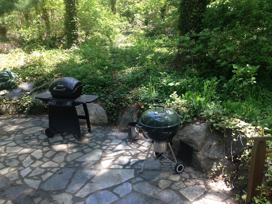 Charcoal and gas grills on the patio.
