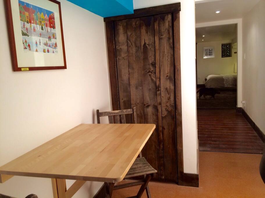 Practical kitchen table can be folded to maximize space.