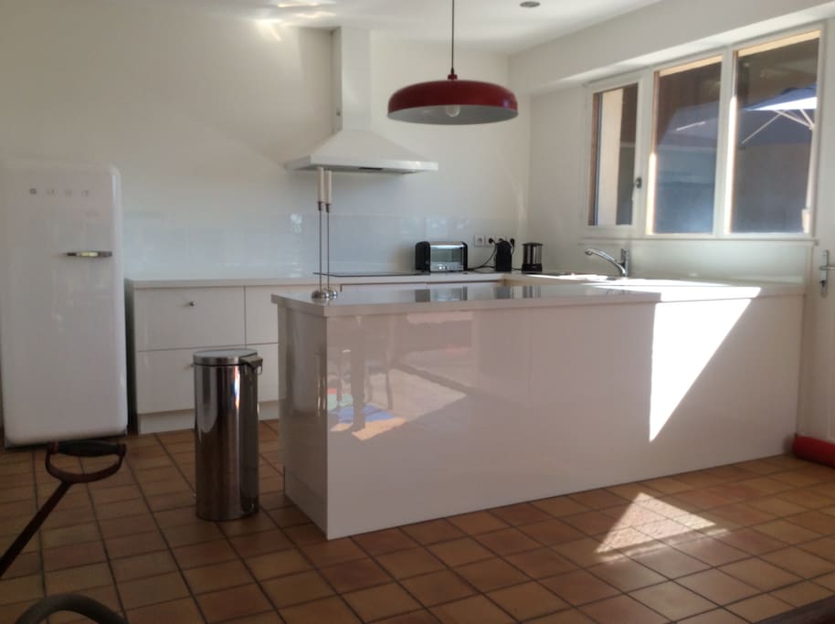 Open kitchen with all equipment (oven, american fridge, dishwasher)