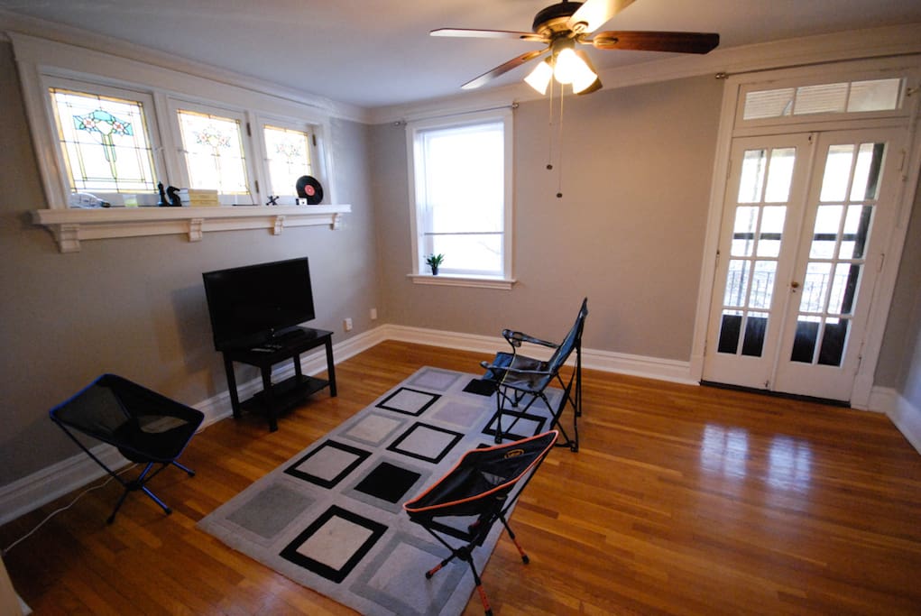 living room w camping chairs. tv can easily be moved to bedroom