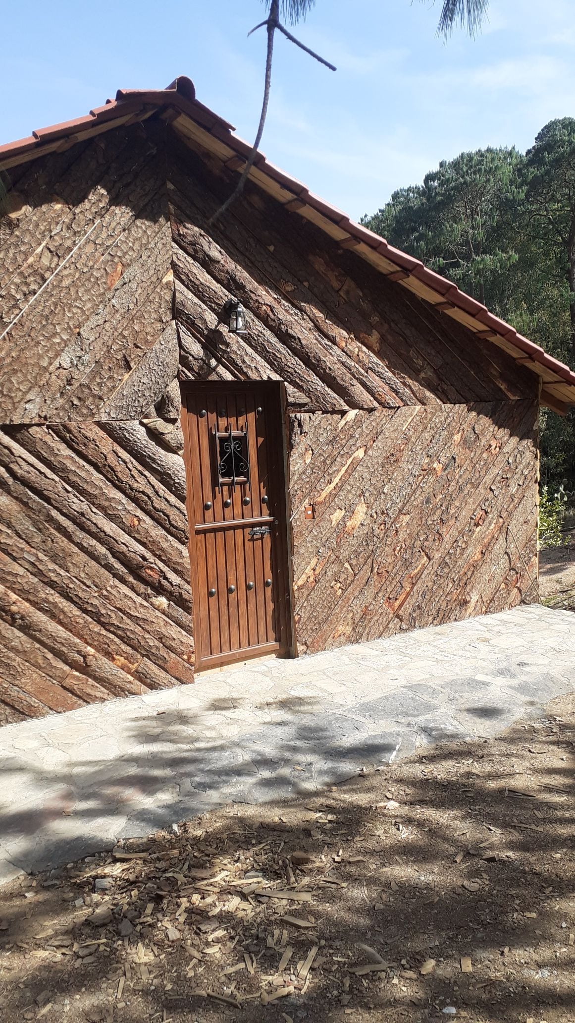 A charming cabin exterior is constructed from natural wood, showcasing a rustic design. The entrance features a wooden door with an iron grate, set against a backdrop of a stone pathway leading to the door, surrounded by greenery.