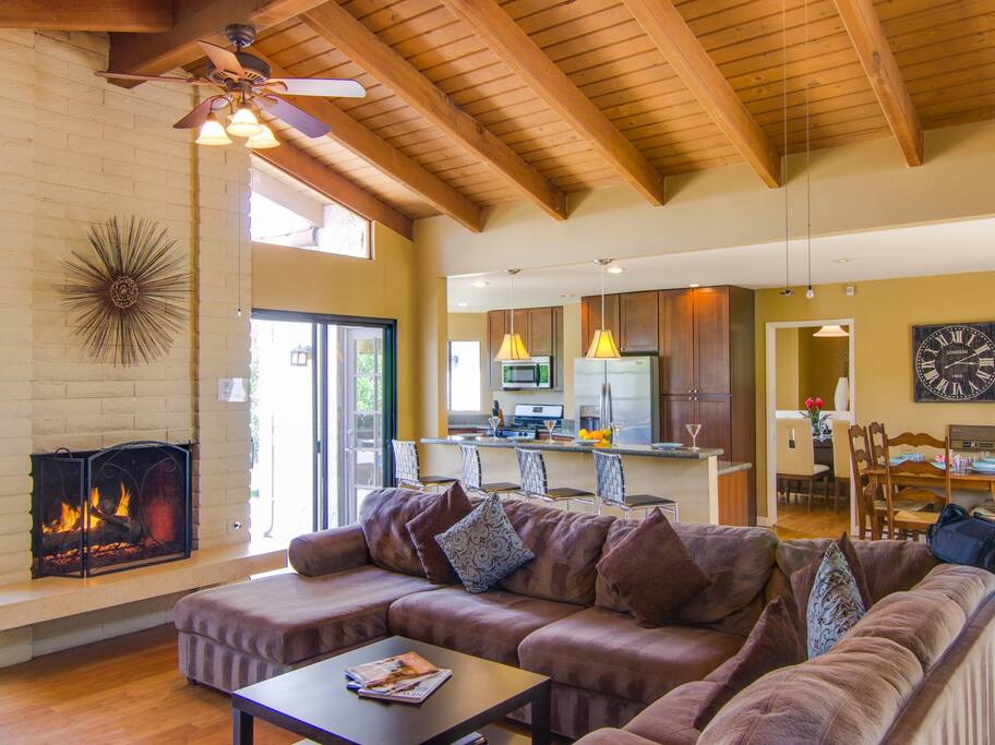open floor plan. living room looking back to kitchen and dining room