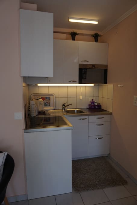 Küche, voll ausgestattet, mit Herd, Mikrowelle,Kühl
schrank,Kaffee
maschine etc.