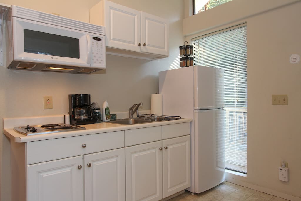 Stocked kitchenette.