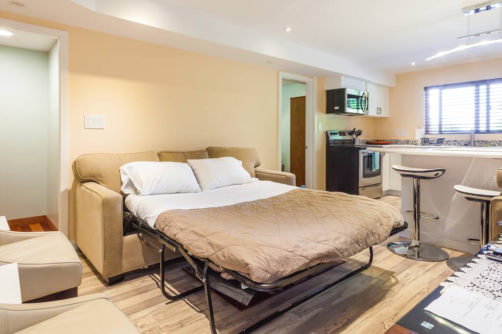 Sofa is equipped with upgraded memory foam mattress which makes a very very comfy queen bed for two normal sized adults.