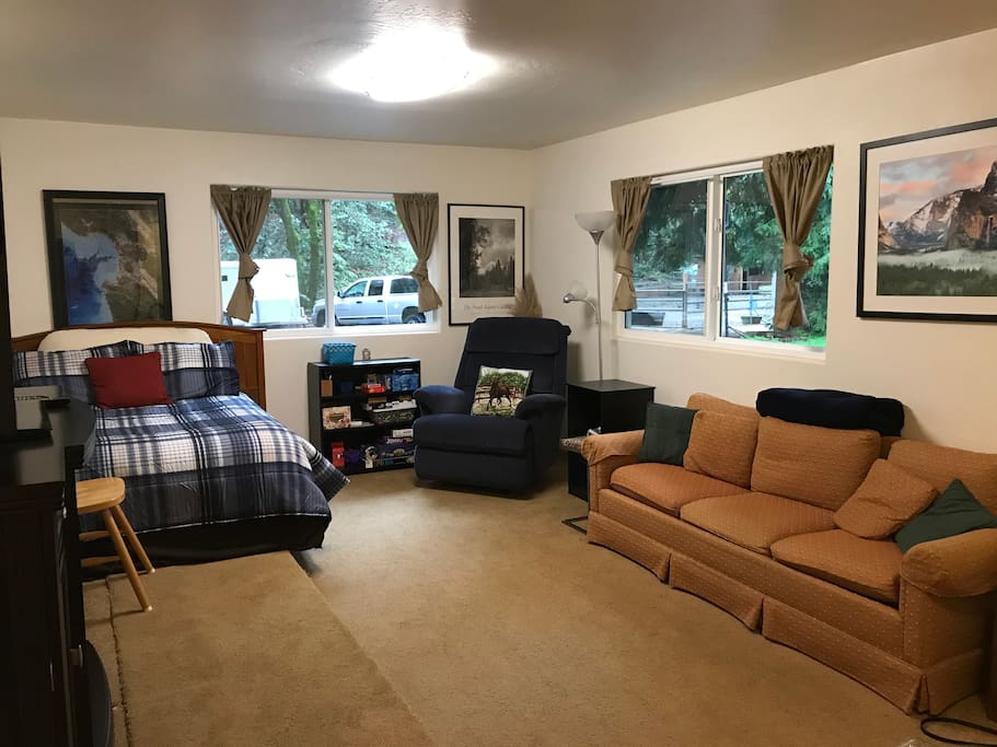 Room 1 - Large family room with comfy full-size bed, recliner chair, couch/sofabed, television/dvd, electric heater, and large closet. Free Wifi, Netflix, and Roku.
