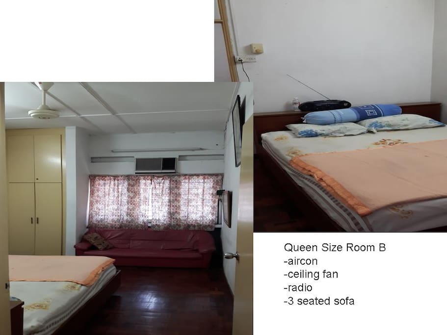 Queen size bed room with sofa, air-con, ceiling fan