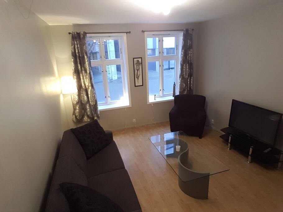 Large livingroom with a brand new sleeping couch, a tv, chair and a fireplace