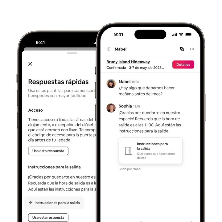 La aplicación de Airbnb muestra cómo un anfitrión utiliza una respuesta rápida para enviar las tareas previas a la salida al huésped y una confirmación de lectura que indica que este último leyó el mensaje.