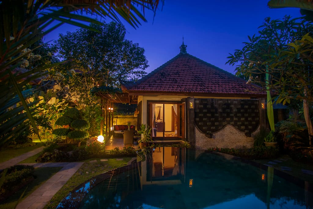 sunset by the pool and garden