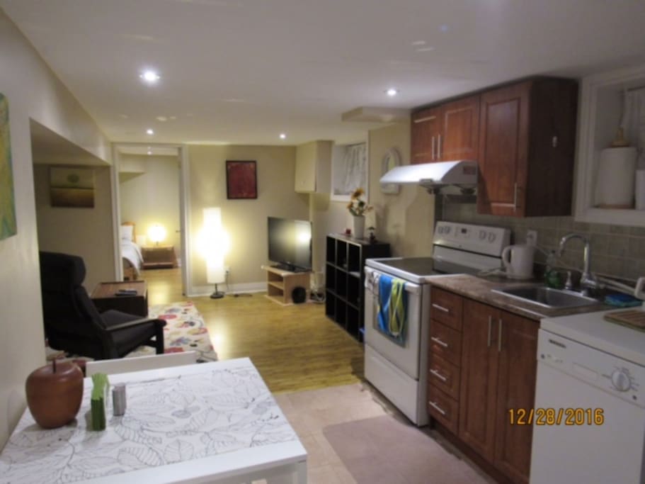 Open kitchen and dining area
