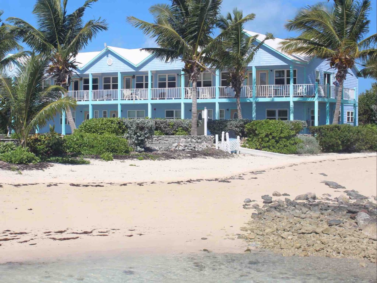 A two-story beachfront townhouse presents a vibrant blue exterior, framed by lush palm trees. The sandy beach is visible in the foreground, with stone details along the shoreline. A spacious balcony overlooks the beach, providing a welcoming spot to enjoy the ocean views.