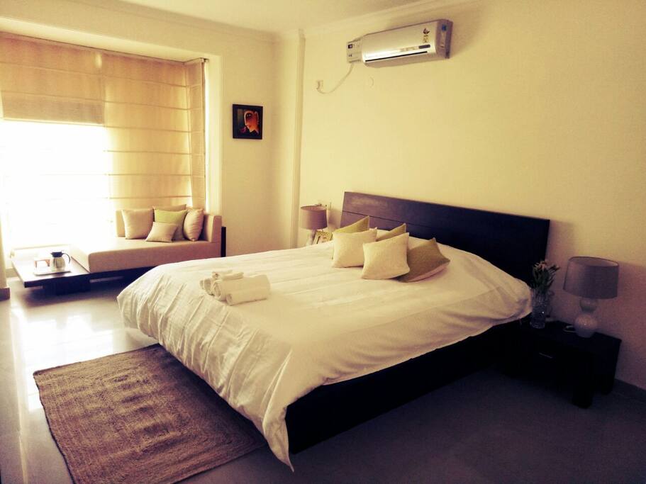 Luxurious bedroom with soothing comfort.