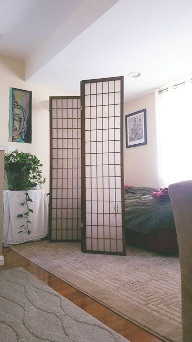 partitian for privacy. main level has no bedrooms. just this corner for a simple overnighter.