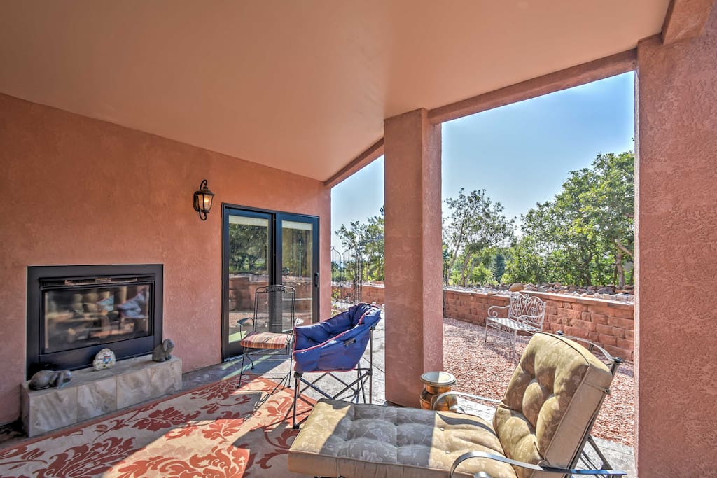 During winter, stay warm outside by huddling around the gas-burning fireplace.