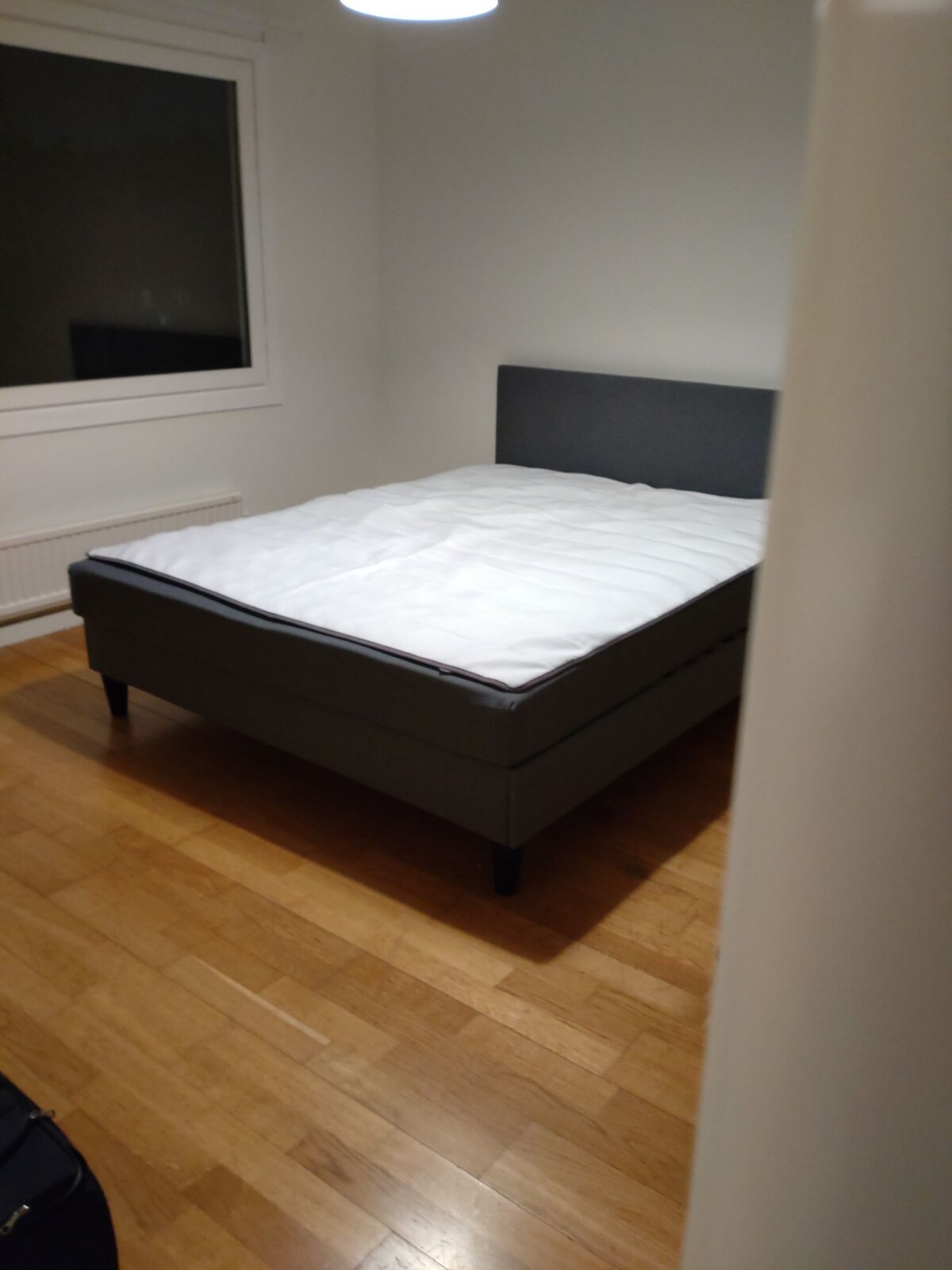 A spacious bed is centered in the room against a neutral wall. The wooden floor adds warmth, while a large window allows natural light to fill the space. Simple lighting is provided by a pendant fixture above.