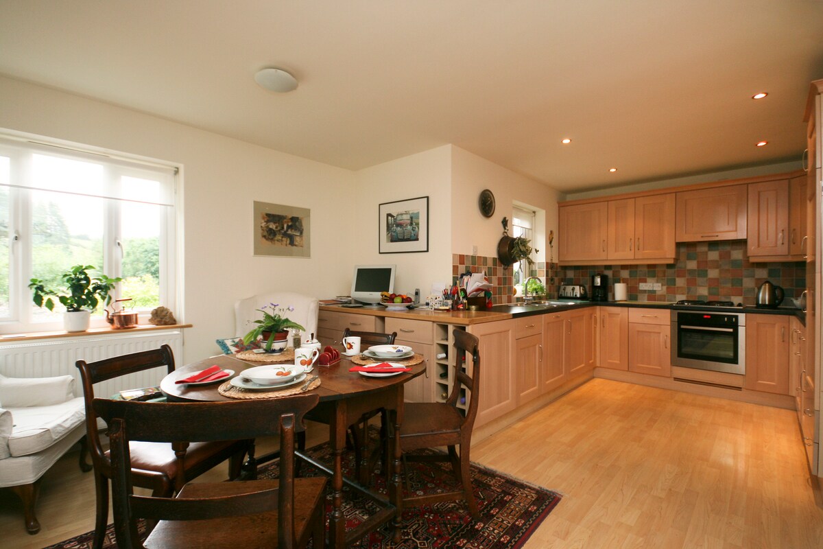 A spacious kitchen is showcased, featuring light wooden cabinetry and a dining area with a wooden table surrounded by chairs. Natural light floods in from a window, illuminating houseplants on a side table while a decorative rug adds warmth to the space.