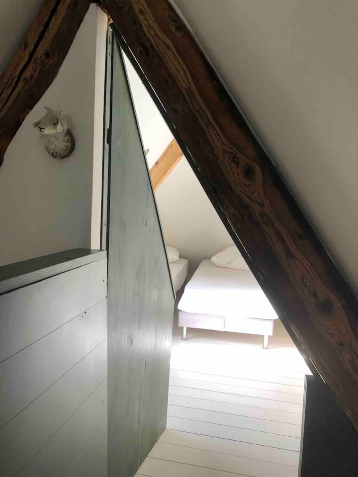 L’altra camera con 2 letti del 3 ° livello situato sotto una mansarda con Velux .