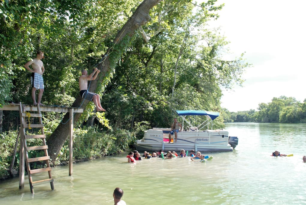 Rent our pontoon or BYOBoat- rope swing down the river! Fish or swim from pontoon.