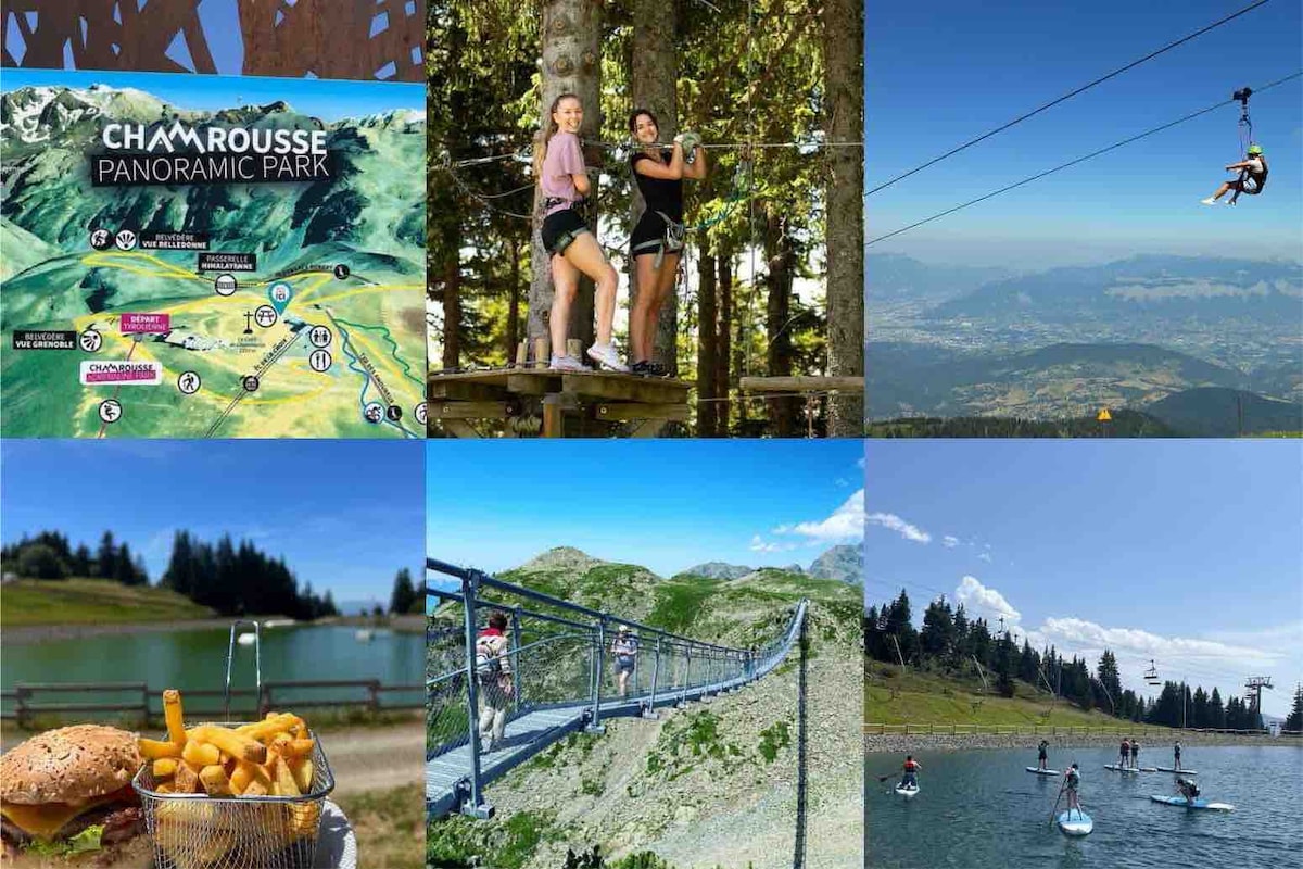 A vibrant collage displays various outdoor activities. The top left corner features a detailed map of Chamrousse Panoramic Park. Images include people engaging in tree-top adventures, zip-lining over a scenic landscape, a bridge with cyclists, and a serene lake scene with paddleboarders. A tasty meal of a burger and fries completes the collection.