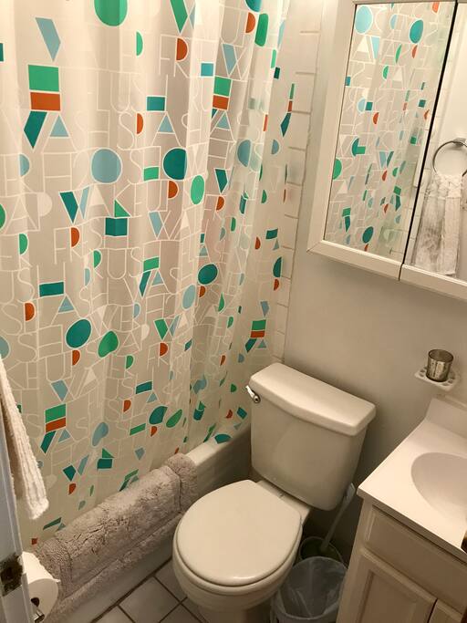 Our bathroom may be small, but it's bright clean, and stocked with back up amenities, in case you forget anything ;)