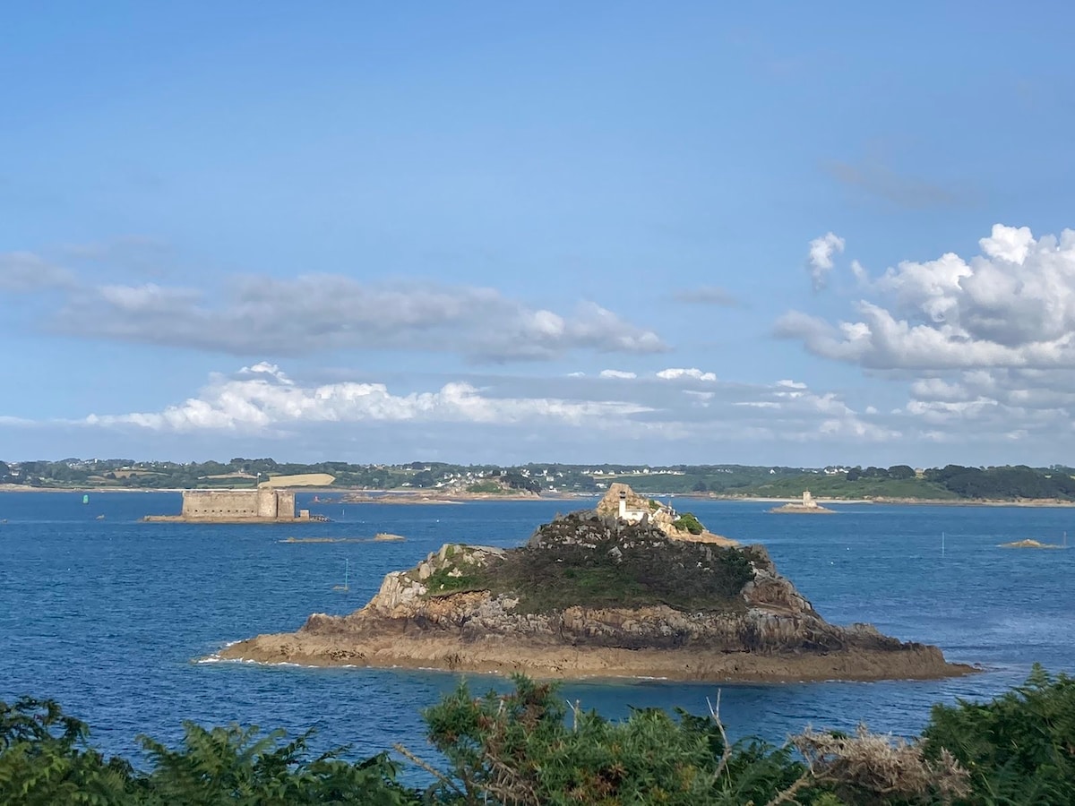 An island stands prominently in the foreground, showcasing a rocky coastline adorned with greenery. In the background, a historic fort is visible against a serene coastal landscape, with gentle waves lapping at the shore and a sky dotted with clouds.