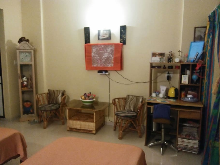 TV, Snack Bar, Table & Chairs, Electric Kettle & Study Table