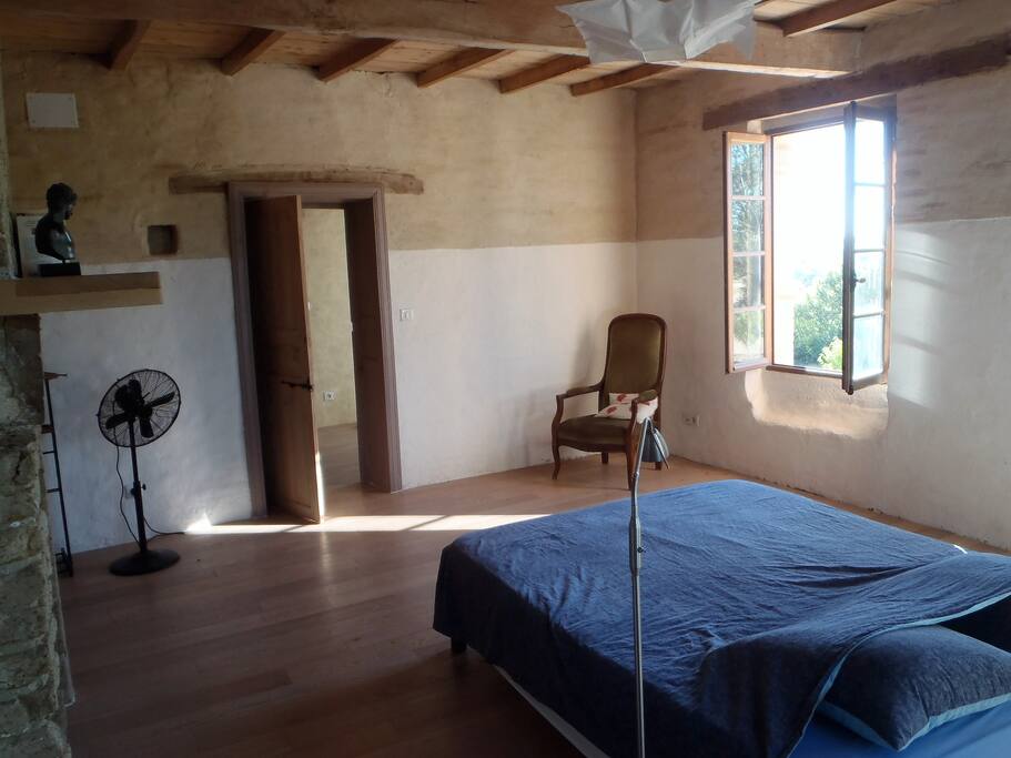 Chambre 1 : lit queen, parquet, salle de bains