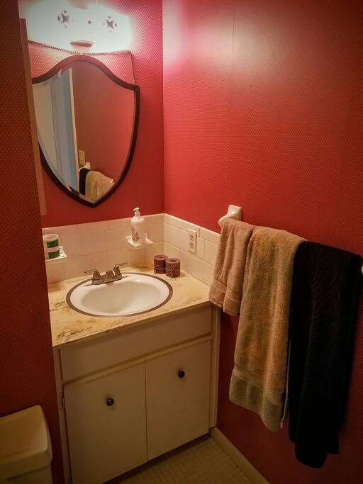This is the masterbath vanity, attached to our bedroom. Always clean, fresh towels and lavendar lotion available if you need.