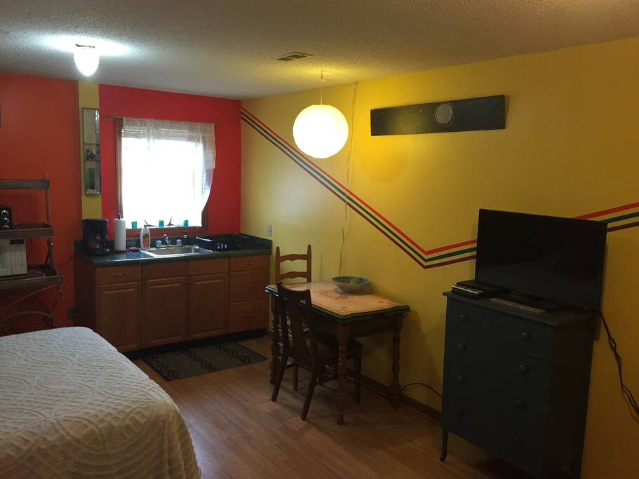 Kitchenette is equipped with a full size sink, mini fridge, microwave and toaster oven.