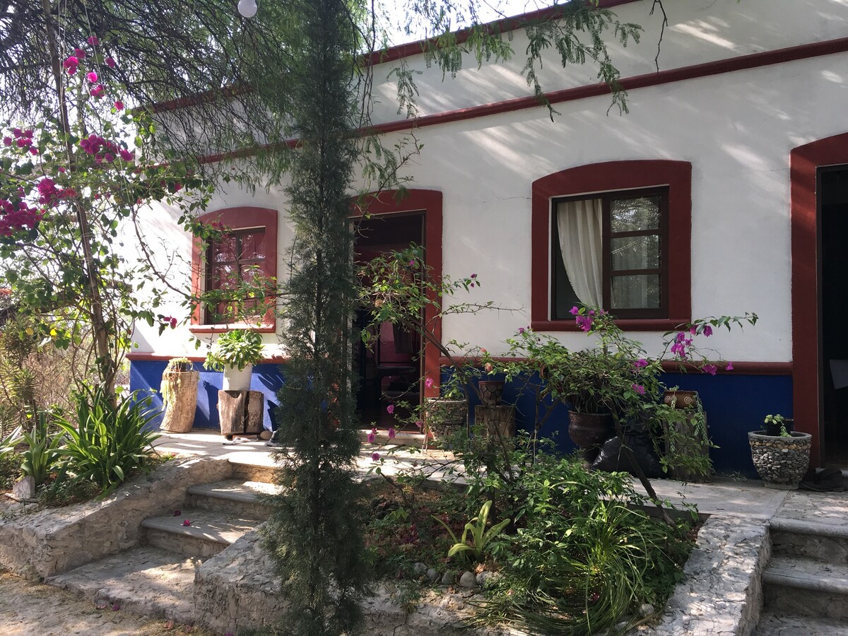 An exterior view of the accommodation features a white building with red accents. Flanking the entrance are vibrant plants and flowers, including bougainvillea. Stone steps lead to a small patio, enhancing the connection to the surrounding nature.