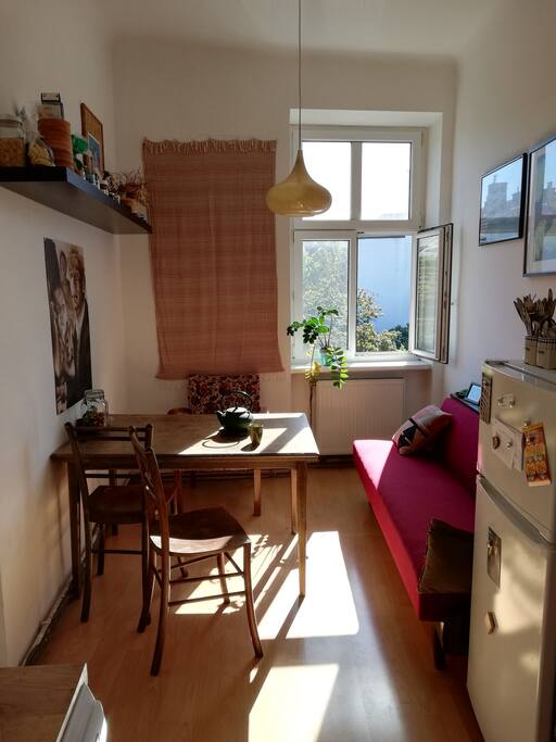 view from the kitchen to the bedroom