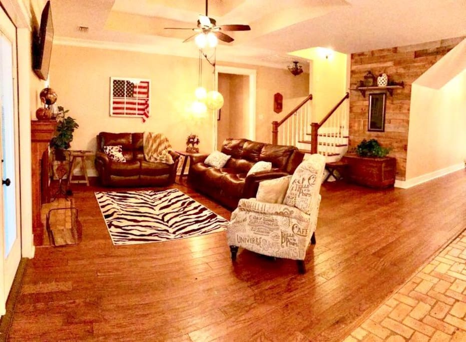 Cozy living room with wood burning fireplace
