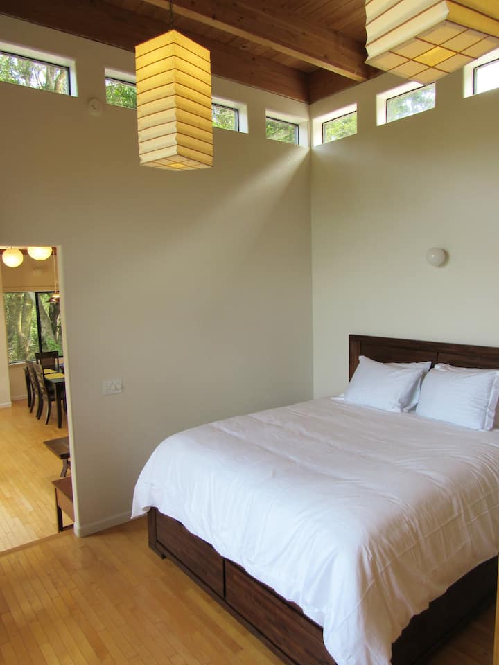 Spálňa s manželskou posteľou California King, vysokými stropmi a prirodzeným osvetlením