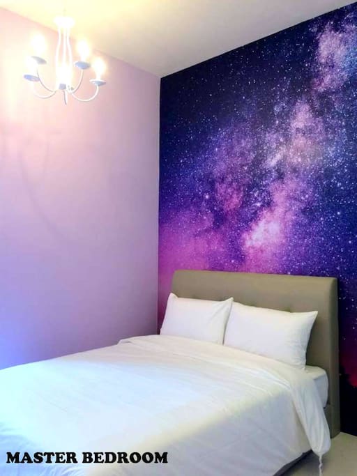 Bedroom 1- Galaxy wallpaper with Chandelier lighting