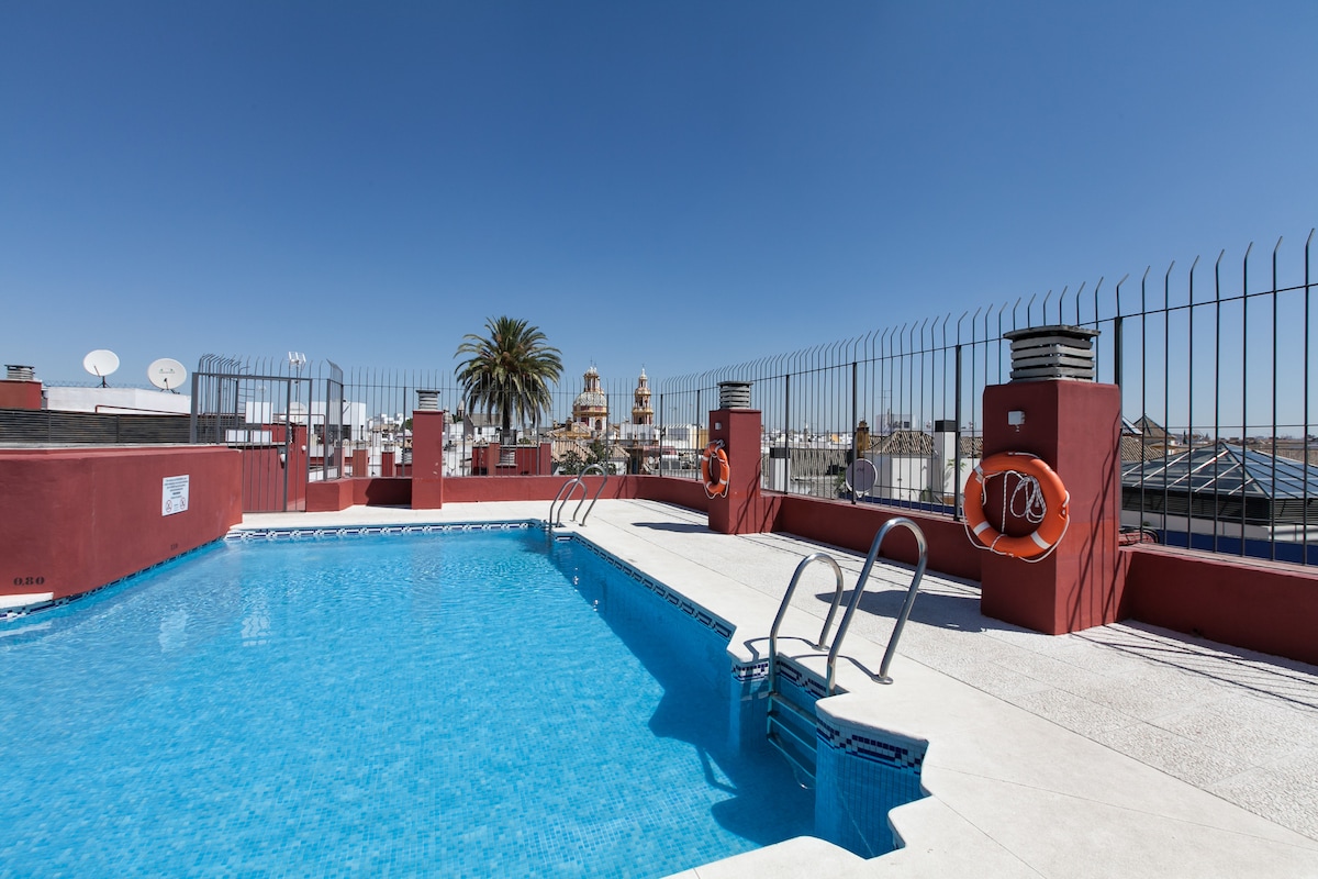 A refreshing rooftop pool is surrounded by a safety fence, with steps leading into the clear blue water. Views of the surrounding rooftops and distant monuments are visible, while palm trees provide a touch of greenery to the scene under a clear blue sky.