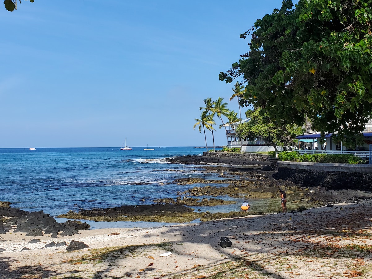 A serene shoreline reveals rocky outcrops and gentle waves lapping at a sandy beach. Palms and greenery line the water's edge, while a small figure can be observed near the water. A few boats are visible in the distance under a clear blue sky.