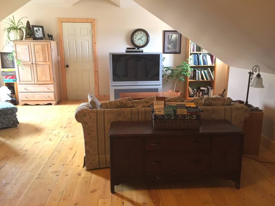Upstairs family room. The sofa bed faces the big screen TV.