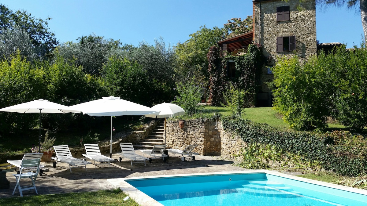 A stone house surrounded by lush greenery stands on a hillside. A clear swimming pool is visible with sun loungers and umbrellas arranged nearby. Stone steps lead from the pool area to the house, accentuated by vibrant plants and trees in the background.