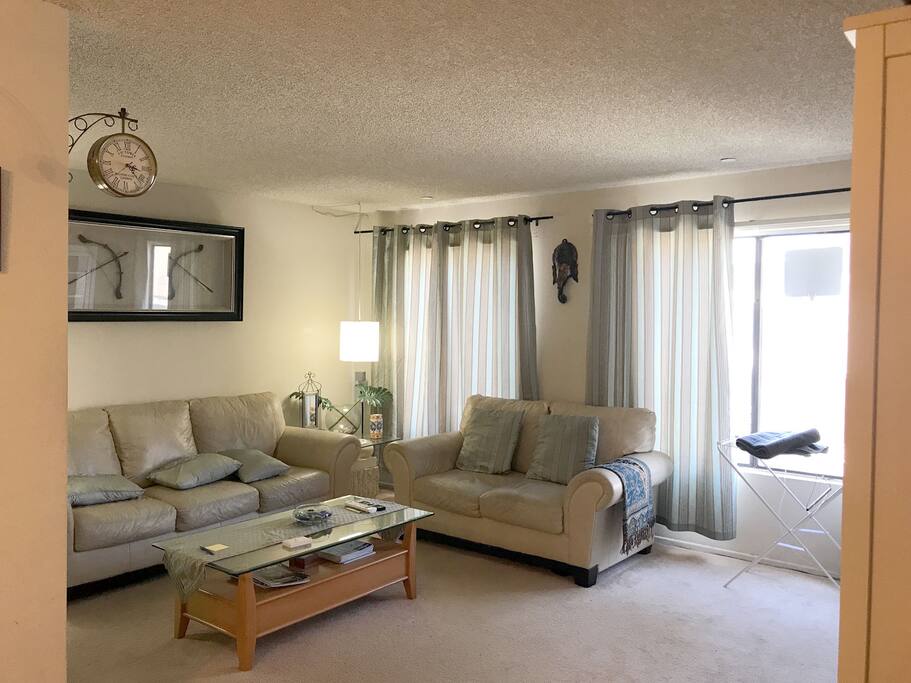 Couches in living room. One person sleeps on the big couch