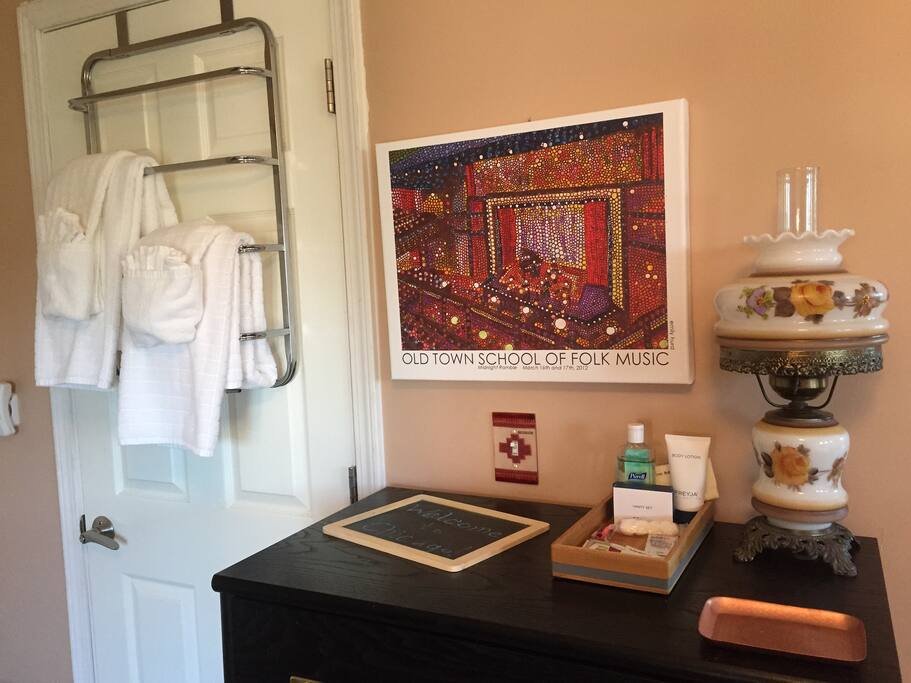 Your room includes use of a hair dryer. Shampoo, conditioner, lotion, and other amenities are provided. Two multi-plugs and a clock radio are equipped with USB ports to charge phones & tablets.