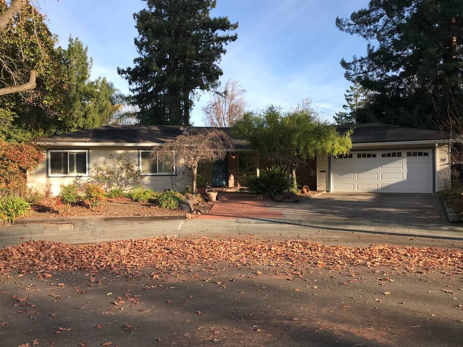 This is the view of the house from the front. It is mostly shaded by large redwood trees surrounding it.