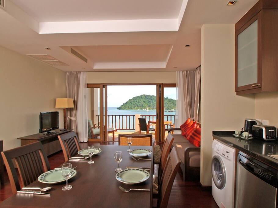 Kitchen and dining area with seaview