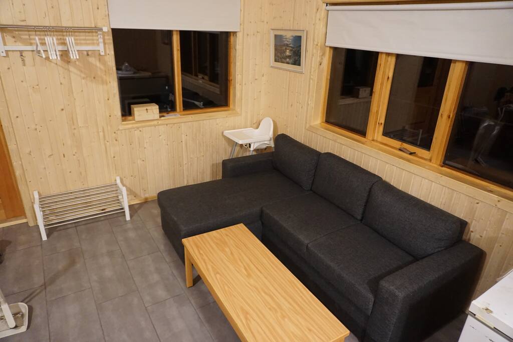 Big sofa bed, two people can sleep here. Also there is baby chair.