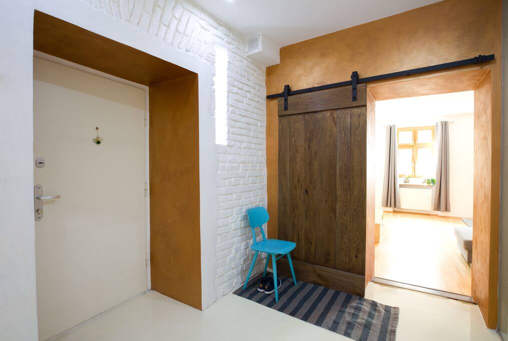 Entrance door and living room barn door