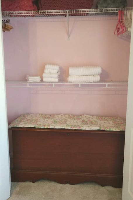 Closet with suitcase rest on bench