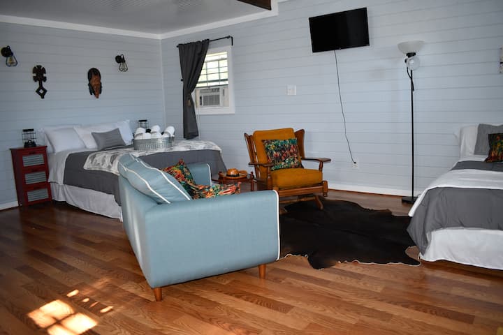 منطقة غرفة معيشة داخلية بسرير بحجم كبير وسرير فردي