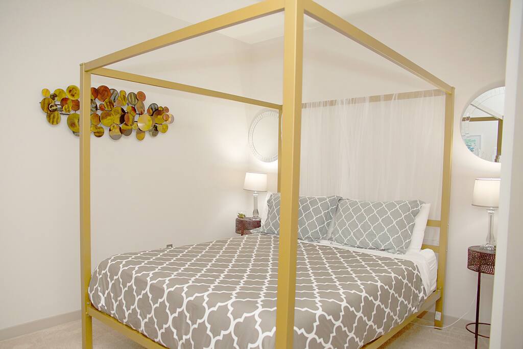 Sleep soundly in this zen-like bedroom featuring a queen bed with memory foam mattress.